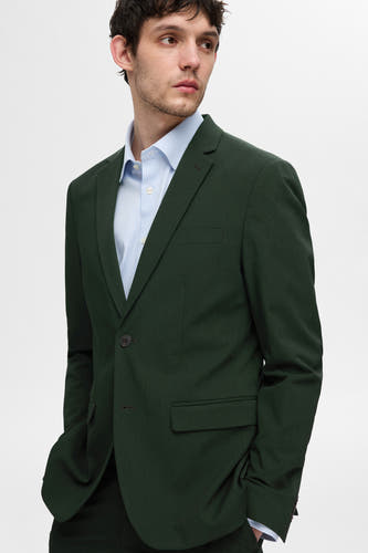 Blazer vert de SELECTED, met een lichte blauw gestreept overhemd, staand model.