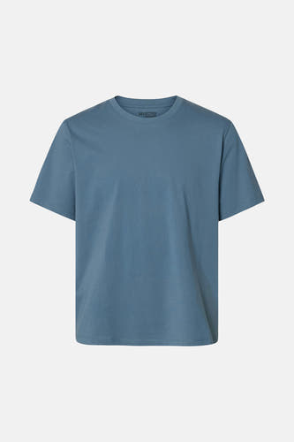 T-shirt bleu à manches courtes de SELECTED / HOMME, tissu uni, col rond classique.