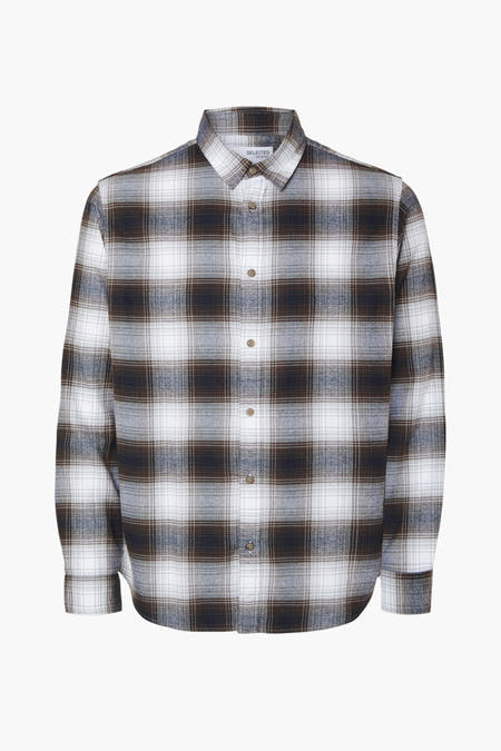 Chemise brune à longues manches de SELECTED, avec un motif à carreaux en blanc, gris et brun.