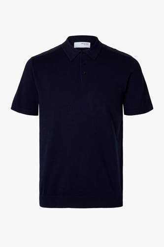 Blauwe polo met korte mouwen van SELECTED, fijngebreide textuur en knoopsluiting.