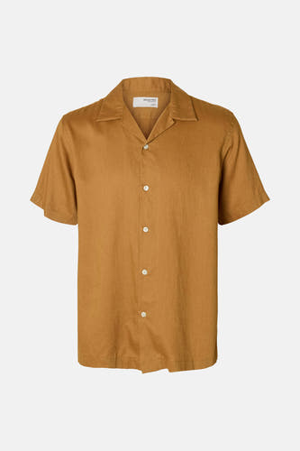 Chemise beige à manches courtes de SELECTED / HOMME, avec collet et fermeture à boutons.