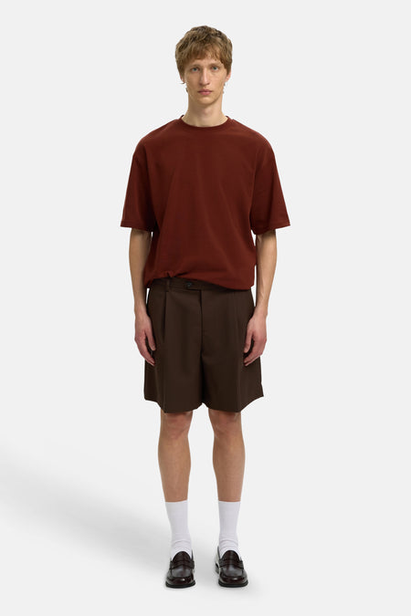 Bruine korte mouwen t-shirt van SELECTED, strakke pasvorm, ronde hals, gedragen met bruine korte broek en witte sokken, front view.