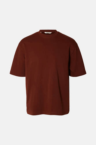Bruine korte mouwen t-shirt van SELECTED, eenvoudig ontwerp met ronde hals en gladde stof, front view