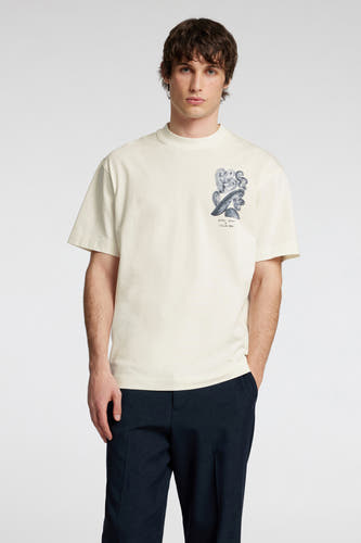 T-shirt écru à manches courtes de SELECTED, avec une impression graphique sur la poitrine.