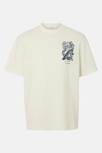 T-shirt écru à manches courtes de SELECTED, doté d'une impression graphique abstraite sur la poitrine.