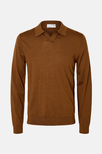 Pull marron avec col V de SELECTED / HOMME, tricoté finement avec un col à revers.