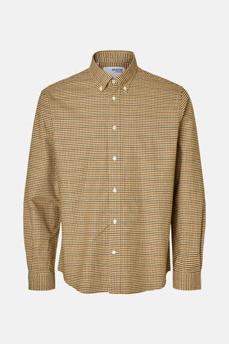 Chemise brune à longues manches de SELECTED, avec un petit motif à carreaux et des boutons blancs.