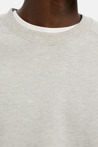 Pull-over gris de SELECTED, avec un col rond et des manches raglan, porté sur une chemise blanche.