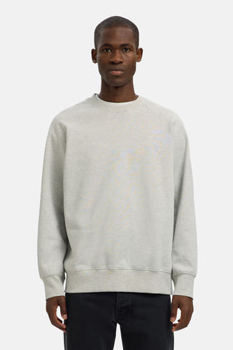 Pull-over gris de SELECTED, avec des manches longues et un col rond, porté avec un pantalon foncé.