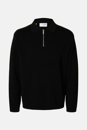 Pull noir avec col rond de SELECTED, doté d'une courte fermeture éclair argentée.