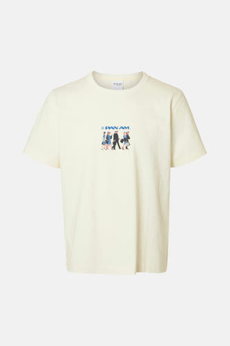 T-shirt blanc à manches courtes de SELECTED, avec une impression bleue 'Pan Am' sur la poitrine.