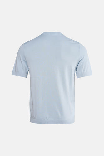Pull en maille fine bleu clair de SELECTED avec manches courtes, col rond et finition côtelée, dos.