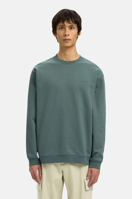 Pull vert à col rond de SELECTED, porté avec un pantalon cargo beige et des mocassins foncés.