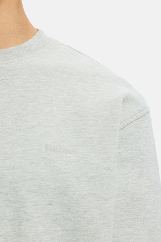 Pull gris de SELECTED, avec un col rond et un logo discret sur la poitrine.