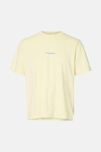 T-shirt écru (manches courtes) de SELECTED avec imprimé texte bleu sur la poitrine.