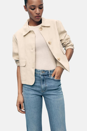 Jean flare bleu clair de MANGO, associé à une veste beige et un t-shirt en côtes.