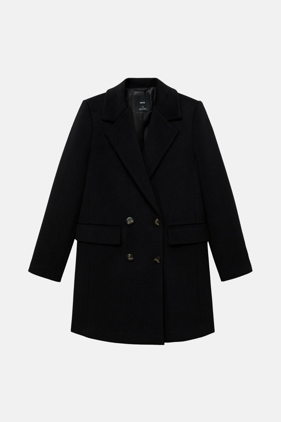 Manteau long noir de MANGO, avec col revers, double rangée de boutons et poches droites.