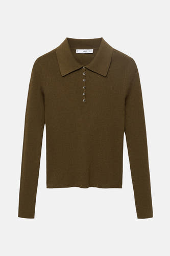 Gilet khaki de MANGO, avec des manches longues, un col et une fermeture à boutons.