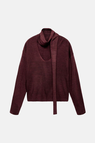 Gilet de Bordeaux avec col rond de MANGO, avec détail d'écharpe et longues manches.