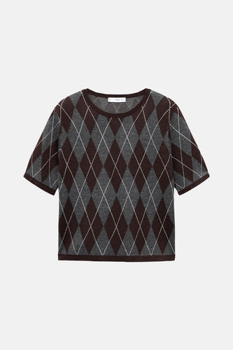 Sweat-shirt multicolore à col rond de MANGO, avec un motif carreaux d'argyle en marron et gris.