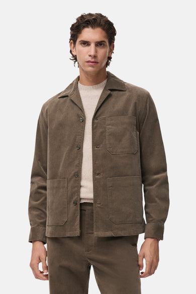 Chemise grise à manches longues de MANGO, dos visible, avec col et poignets contrastants.