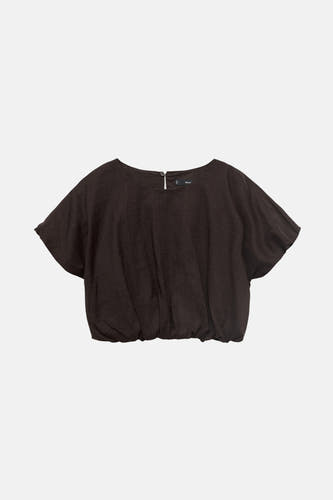Blouse brune à manches courtes de MANGO, avec détail froncé en bas.