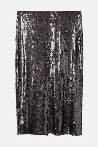 Long manteau brun de MANGO, avec paillettes et une coupe ajustée, en vue latérale.