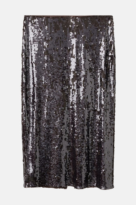 Long manteau brun de MANGO, avec paillettes et une coupe ajustée, en vue latérale.