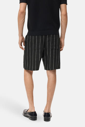 Short noir de MANGO avec une rayure blanche, vu de derrière, associé à un t-shirt noir et des loafers noirs.