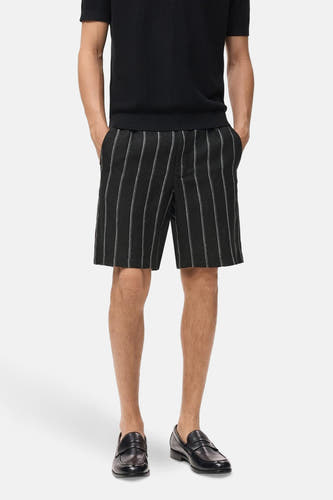 Short noir de MANGO avec des rayures blanches, associé à une veste noire et des loafers en cuir.