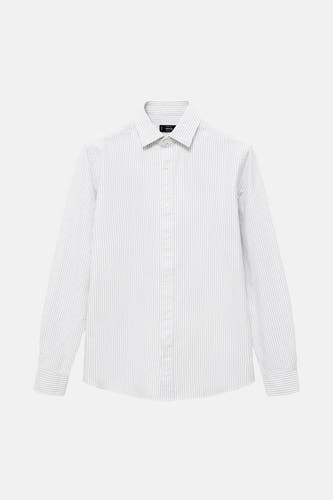 Chemise à rayures blanches et bleues de MANGO, avec manches longues, fermeture à boutons et col classique.