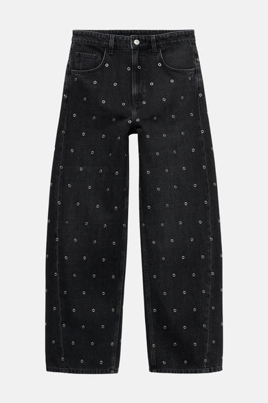 Jean denim gris foncé de MANGO, doté d'yeux argentés sur toute la surface.