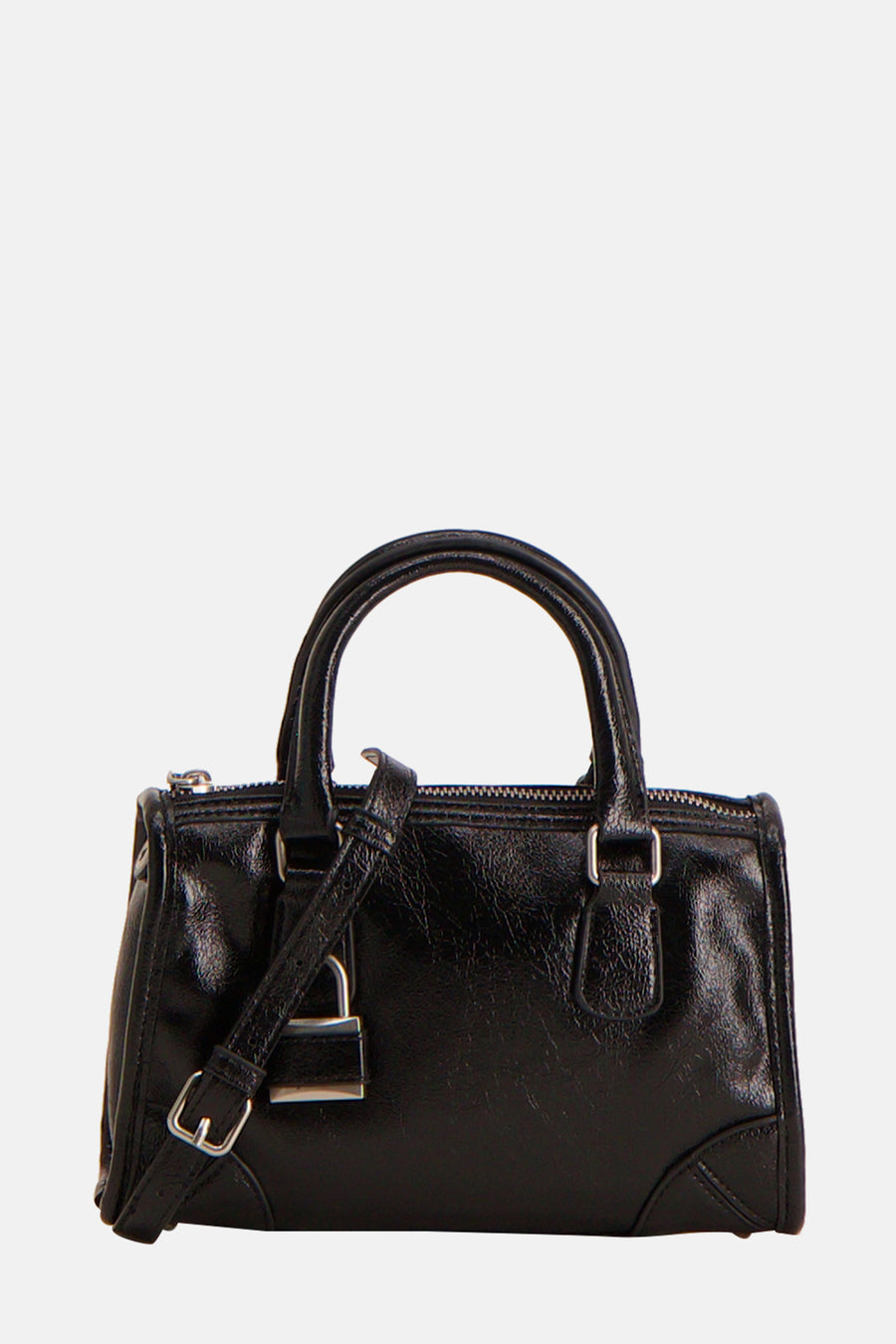 Zwarte lederen handtas met slot.