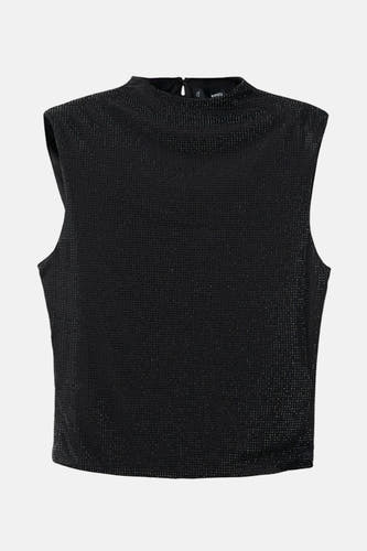 Blouse noire sans manches de MANGO, avec une texture scintillante et un col haut.