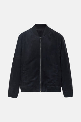 Manteau court bleu de MANGO, avec des manches longues, une fermeture à glissière et un col en côtes.