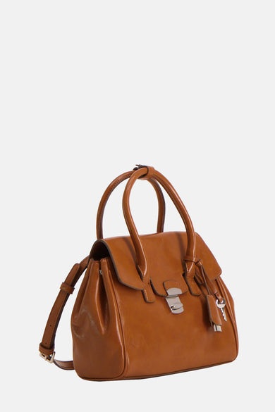 Sac à main marron de MANGO, avec des anses sur le dessus, une fermeture à l'avant et une bandoulière amovible.