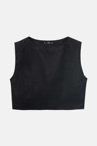Blouse sans manches noire de MANGO, avec une subtile texture et une coupe droite.