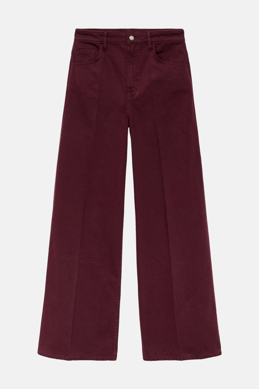 Jean MANGO de couleur bordeaux, avec des jambes larges et des poches visibles.