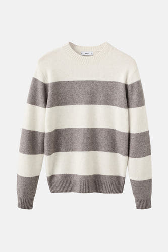 Sweat-shirt multicolore à col rond de MANGO, avec des rayures horizontales en écru et gris.