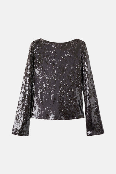 Blouse brune à longues manches de MANGO, avec paillettes et une coupe ajustée.