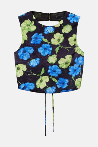 Blouse sans manches de MANGO, avec une impression de fleurs sombres en bleu et en vert.