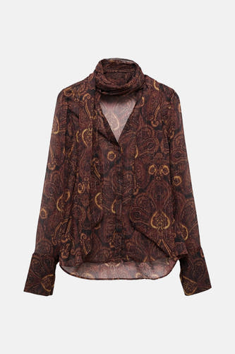 Blouse brune à longues manches de MANGO, avec imprimé paisley et col loose.