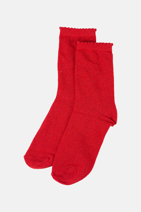 Chaussettes rouges en maille de PIECES® avec paillettes et un bord ondulé.