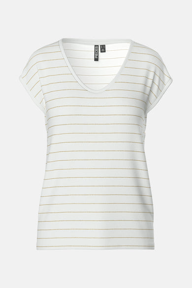 T-shirt blanc à manches courtes de Pieces, avec des rayures dorées et un col V.