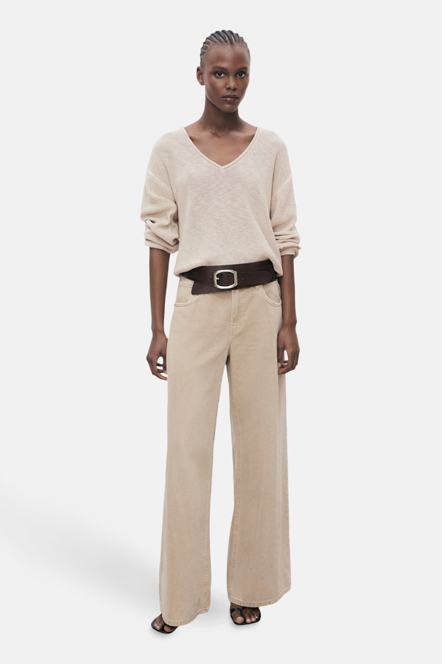 Pull à col en V - beige - MANGO