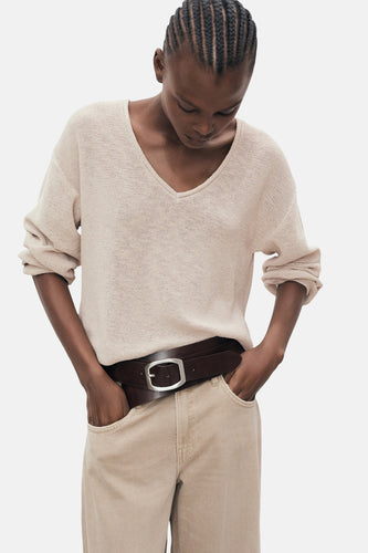 Pull à col en V - beige - MANGO