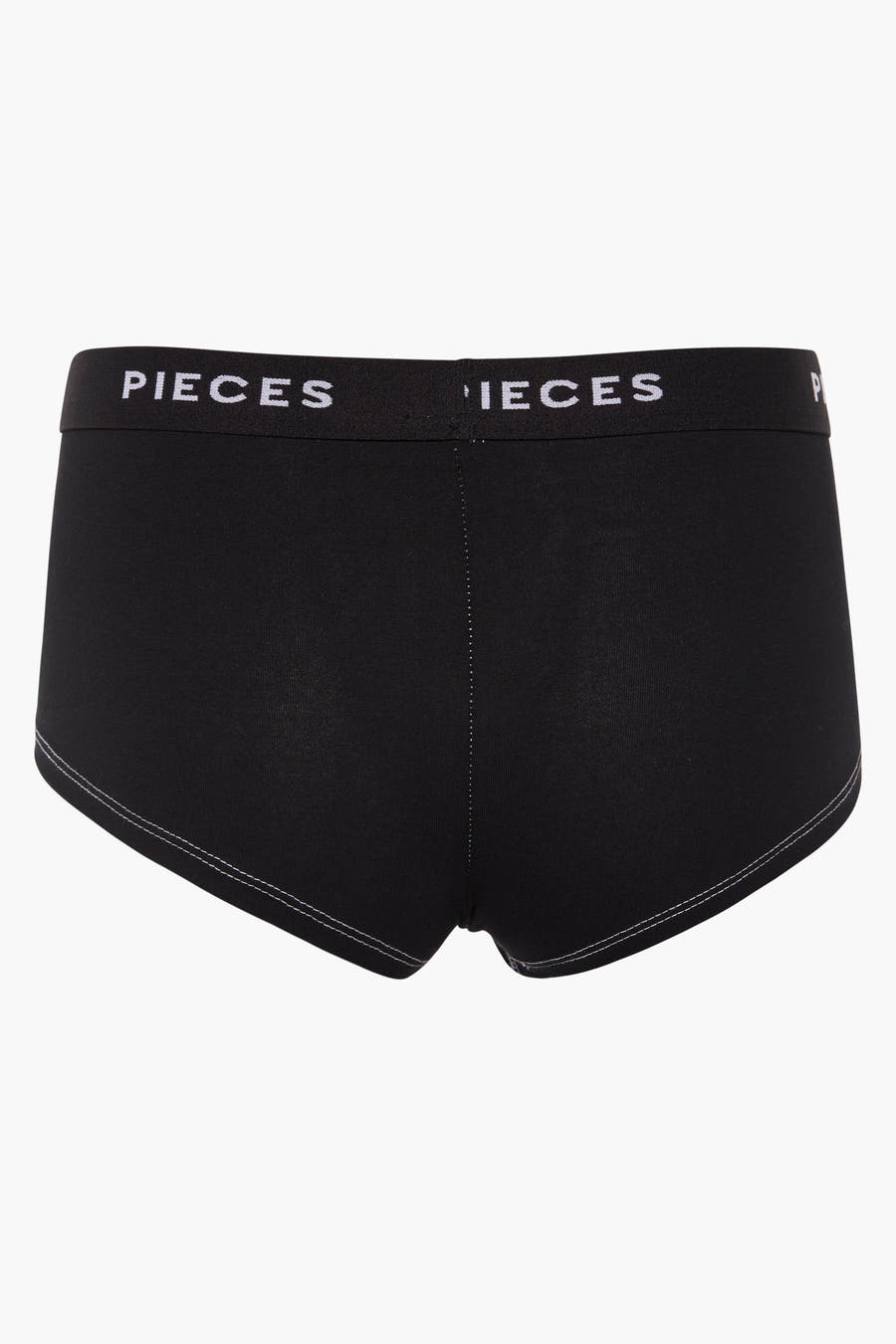 Zwarte shorty van PIECES met witte stiksels en een elastische band met logo.