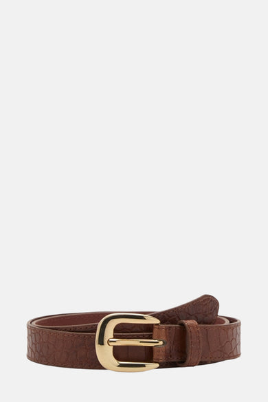 Ceinture brune MANGO avec une boucle dorée et un motif crocodile.