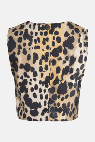 Blouse beige sans manches de MANGO avec imprimé léopard et fermeture à boutons sur le dos.