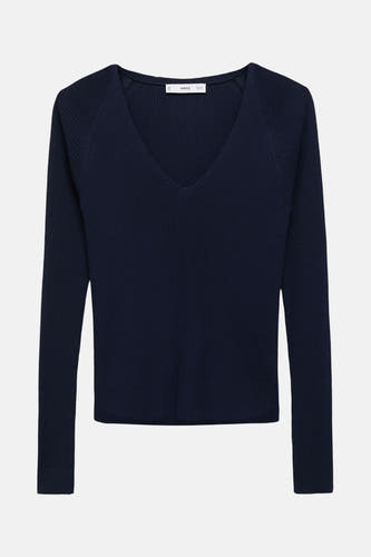 Pull bleu à col rond de MANGO, à manches longues et à texture côtelée.
